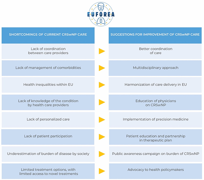 Table outlining shortcomings of current care in CRSwNP care and suggestions for improvement of CRSwNP care